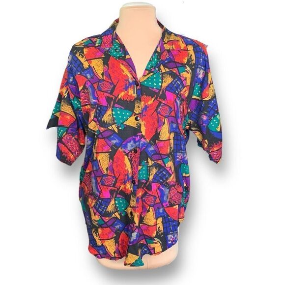 Vintage Tops - Vintage A Personal Touch Shirt Multicolor Abstract Art Collared Button Up Plus